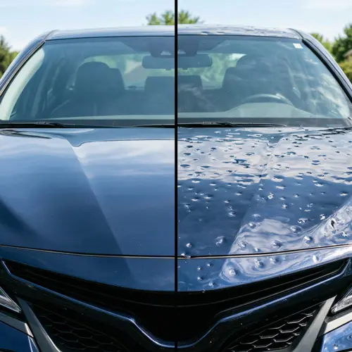 Hail dents on a hood beside the same panel repaired